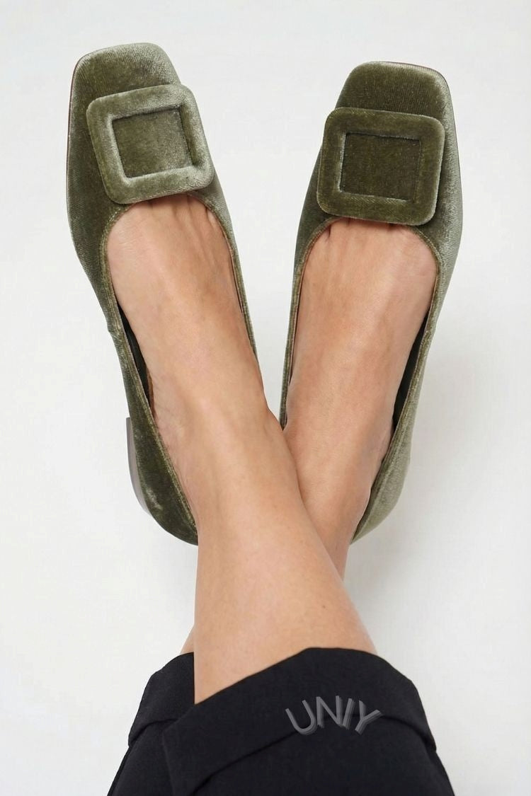 Velvet Square Buckle Soft Square Toe Flats