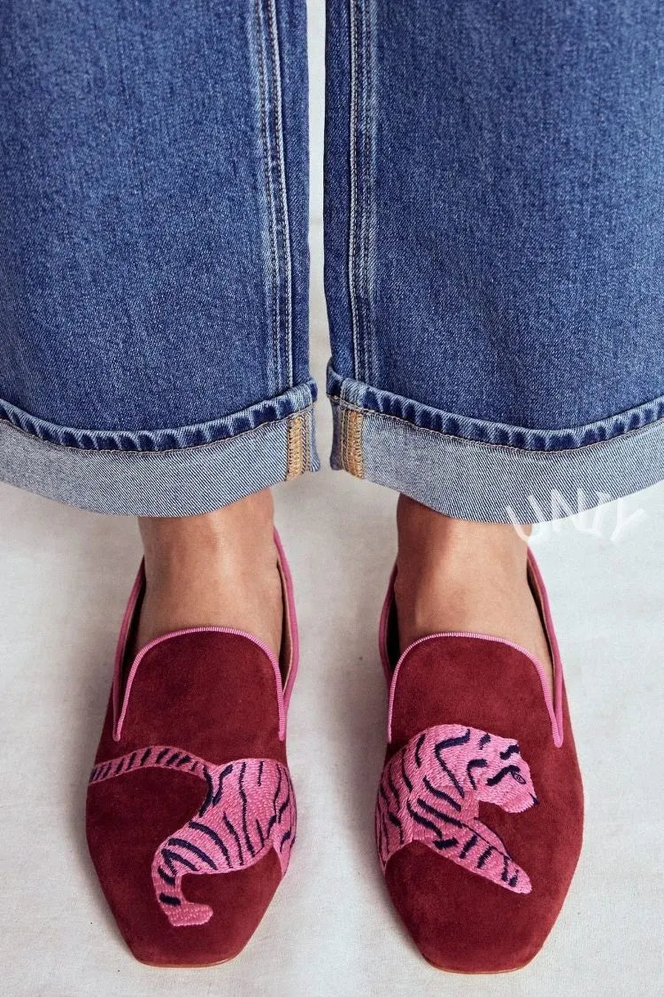 Pink Suede Tiger Embroidered Pointed Flats