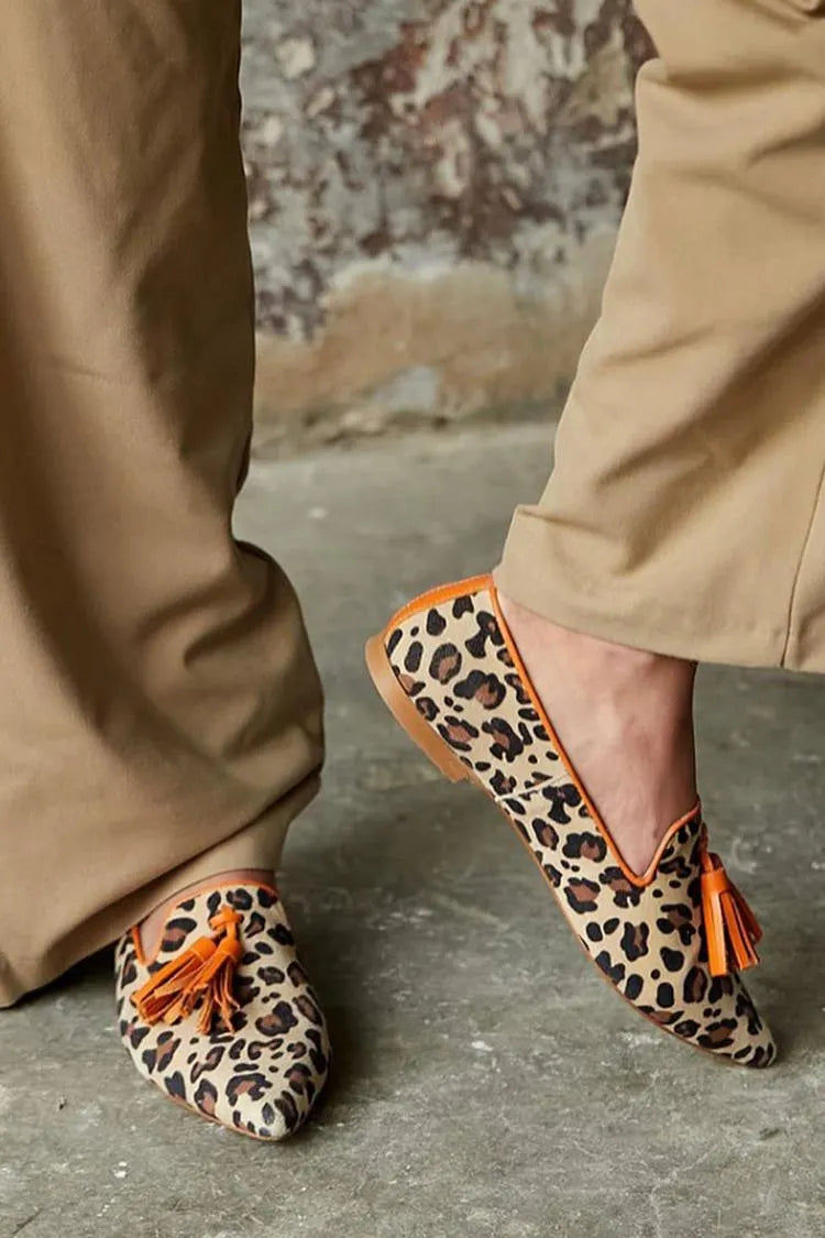Leopard Print Fringed Trim Pointy Toe Retro Flats