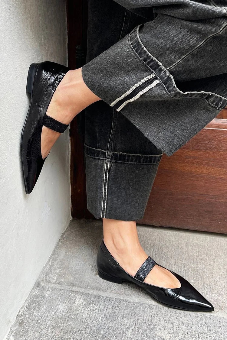 Instep Strap Solid Color Pointed Toe Black Flats