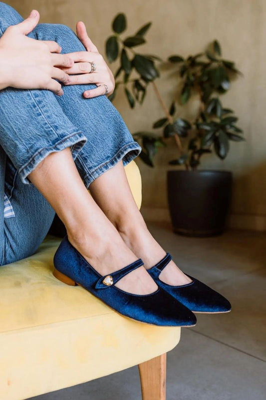 Blue Pointed Toe Velvet Metal Buckle Elegant Versatile Flats