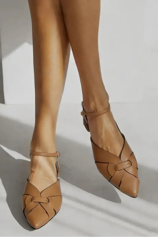 Camel Knotted Pointed Toe Ankle Strap Leather Flats