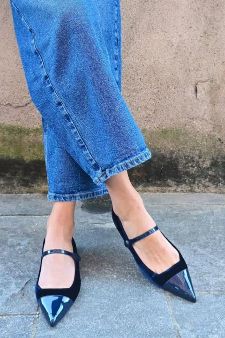 Instep Strap Velvet Patchwork Pointy Toe Navy Flats