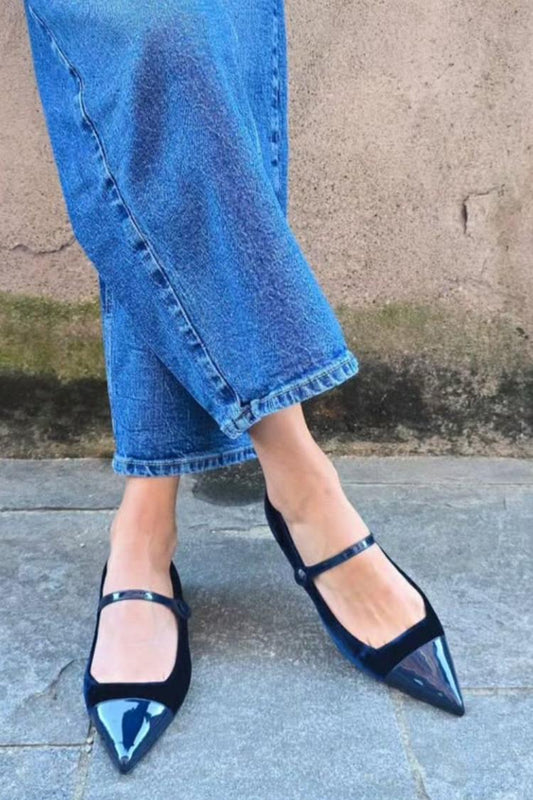 Instep Strap Velvet Patchwork Pointy Toe Navy Flats