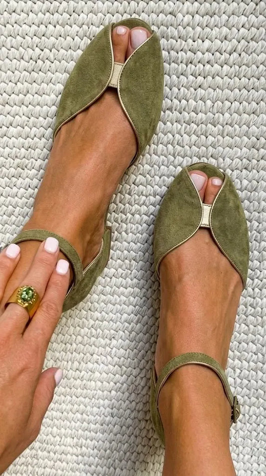 Chic Blue Faux Suede Metallic Trim Peep Toe Flats