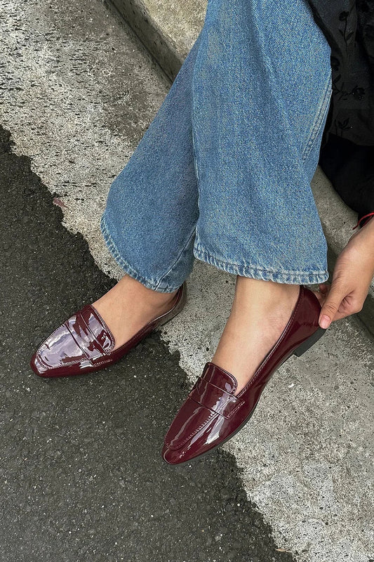 Solid Color Patchwork Square Toe Burgundy Flats