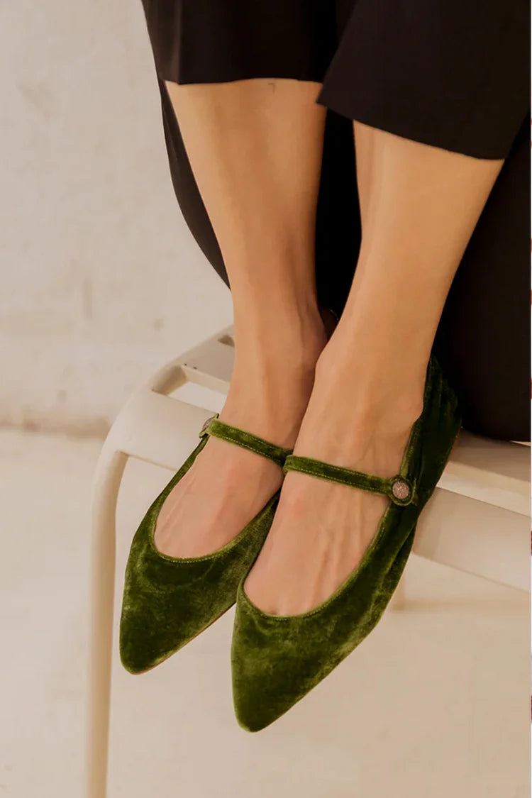 Instep Strap Buckle Plain Pointed Toe Green Flats