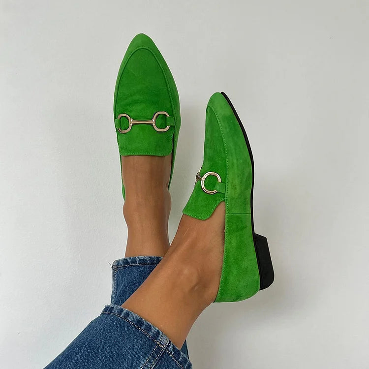 Luxury Metallic Buckle Pointy Toe Faux Suede Slip-on Flats