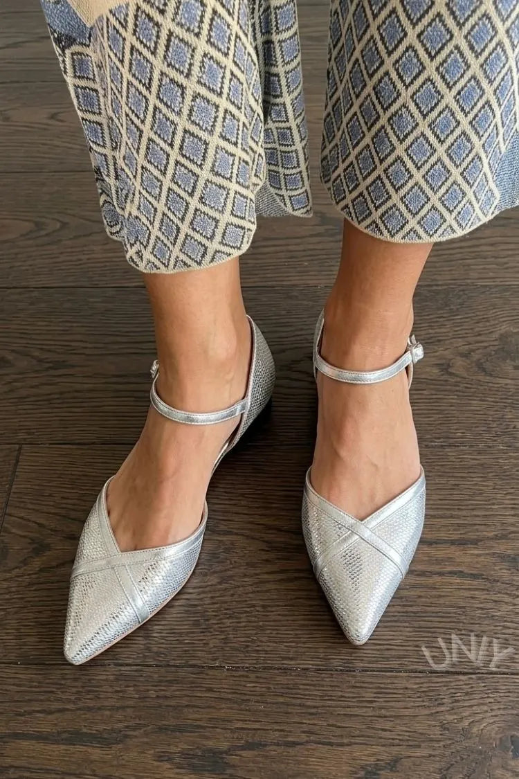 Silver Snakeskin Embossed Pointed Toe Ankle Strap Flats