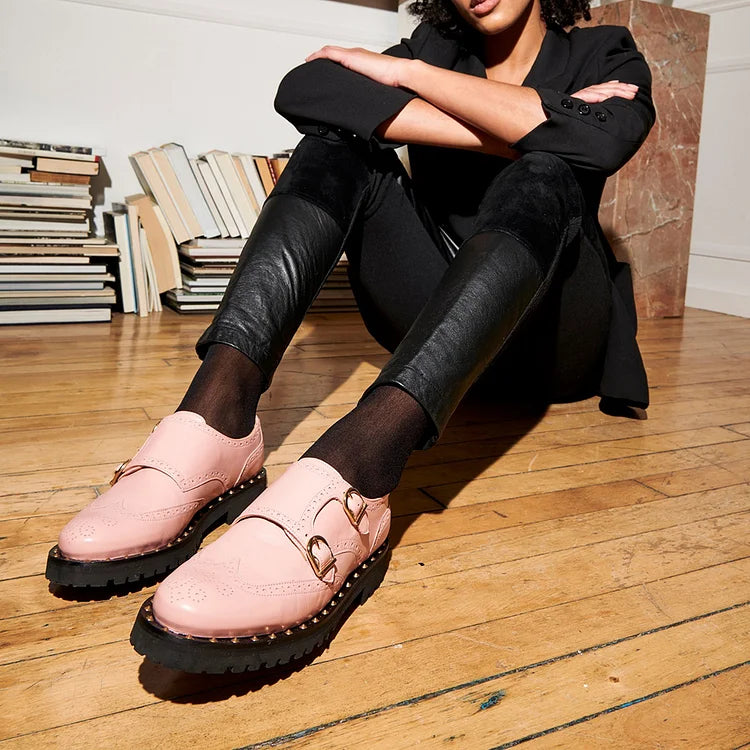 Round Toe Patchwork Buckles Casual Pink Brogue Oxfords