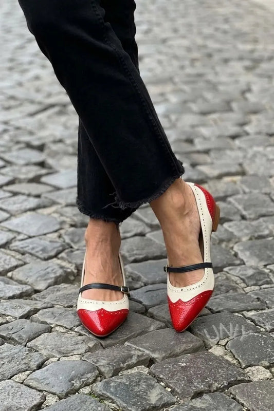 Vintage Contrast Color Wingtip Pointed Mary Jane Flats