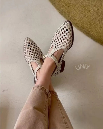 Chic Beige Woven Pointed Toe Versatile Mary Jane Flats