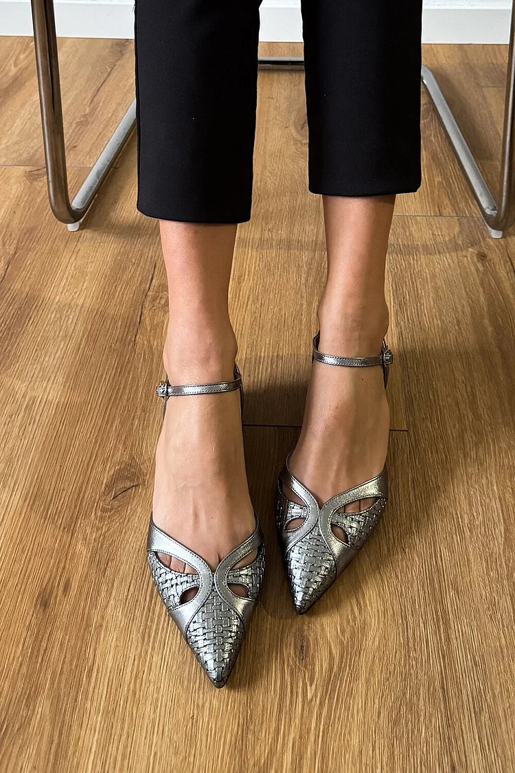 Hollow Out Metallic Sheen Pointed Toe Silver Flats