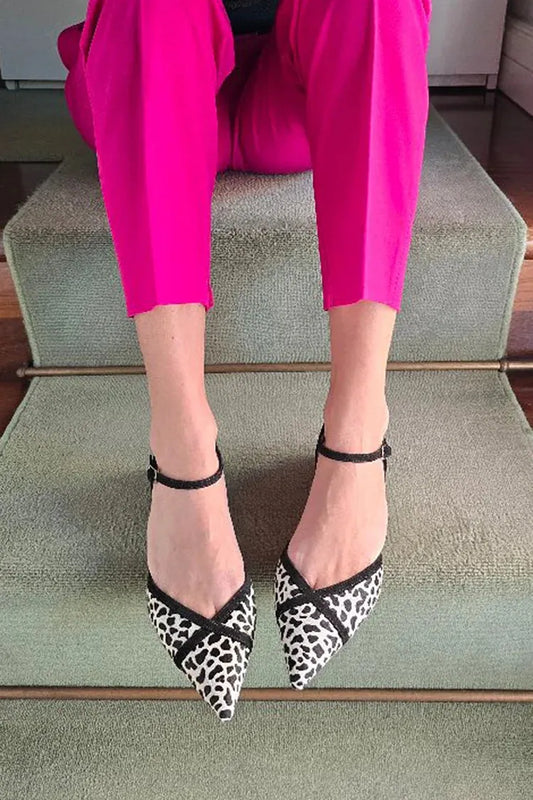 Animal Pattern Ankle Strap Buckle Pointed Toe Beige Flats