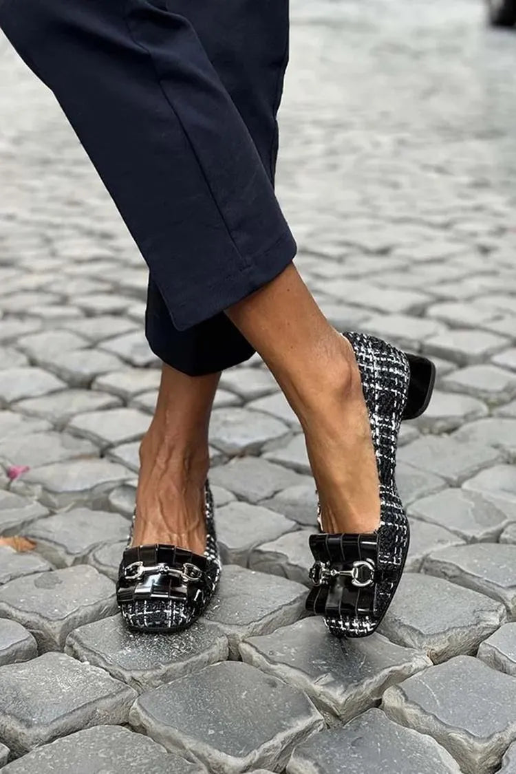 Tweed Buckle Detail Round Toe Low Heel Flats