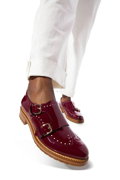 Patchwork Buckles Round Toe Burgundy Oxfords