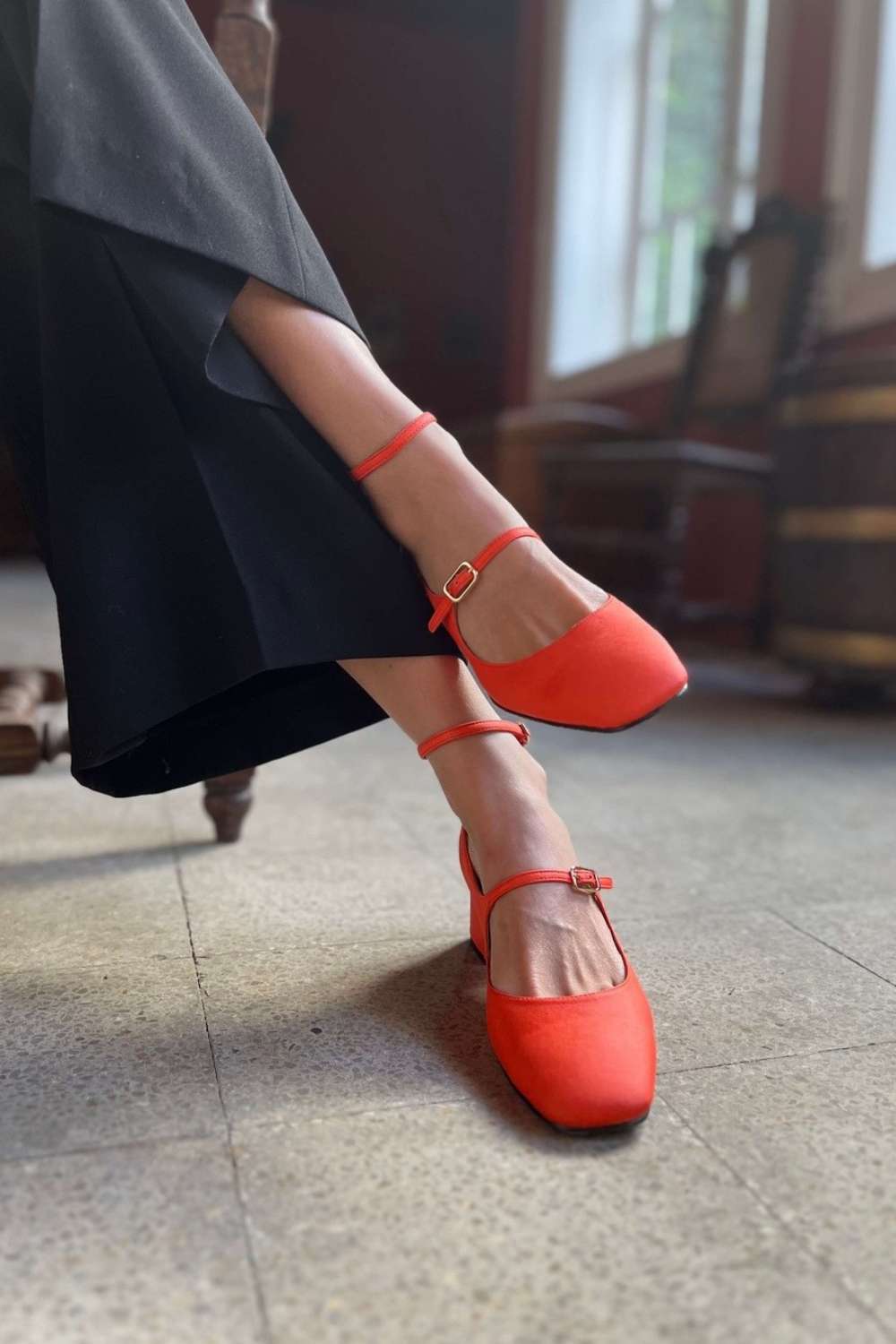 Bright Orange Square Toe Ankle Strap Flats