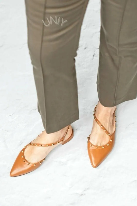Brown Studded Strappy Pointed Toe Ankle Strap Ballet Flats