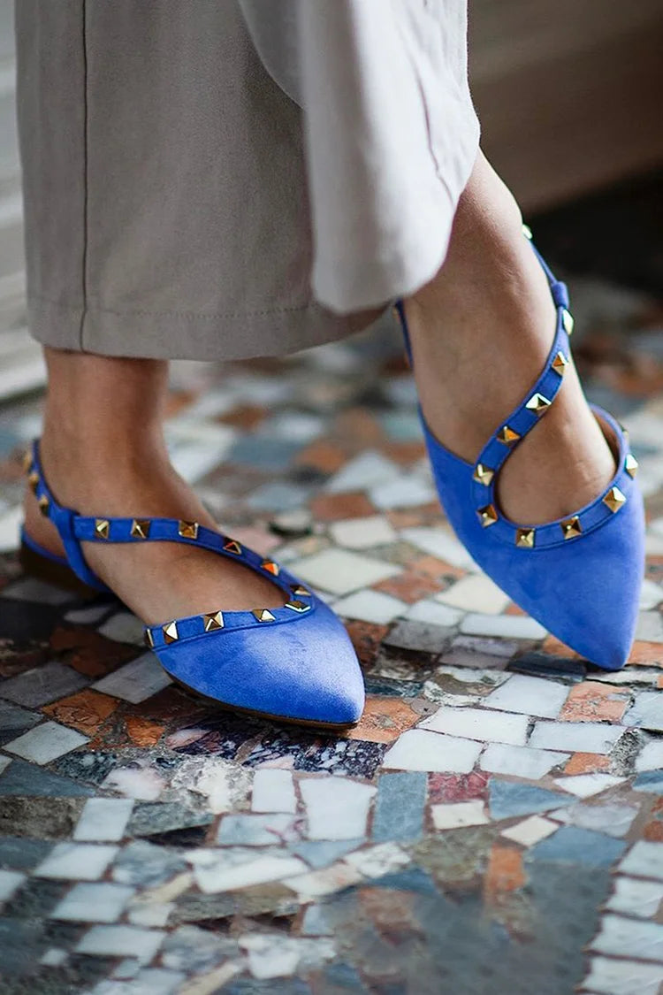 Metallic Studded Decor Pointed Toe Blue Flats
