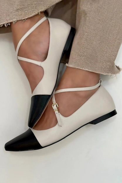 Color Block Criss Cross Buckle Square Toe Beige Flats