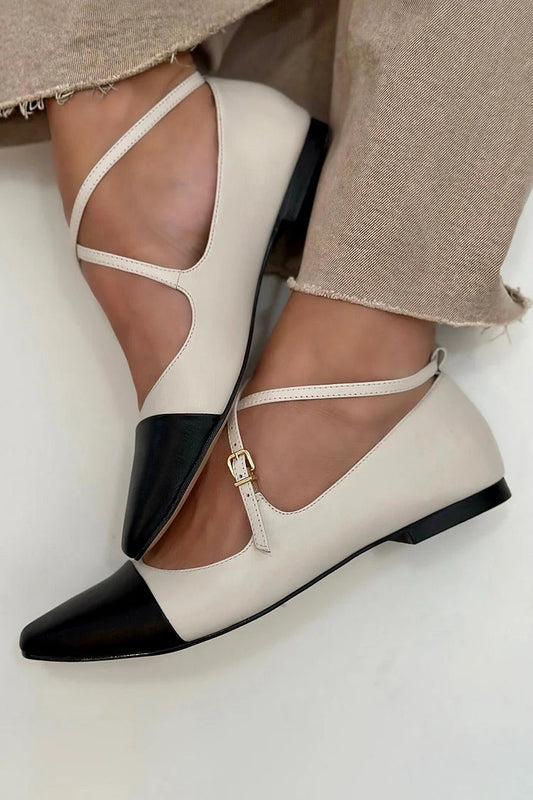 Color Block Criss Cross Buckle Square Toe Beige Flats