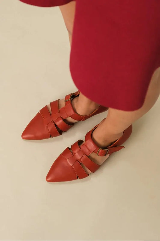 Vintage Red PU Leather Strappy Pointed Toe Flats