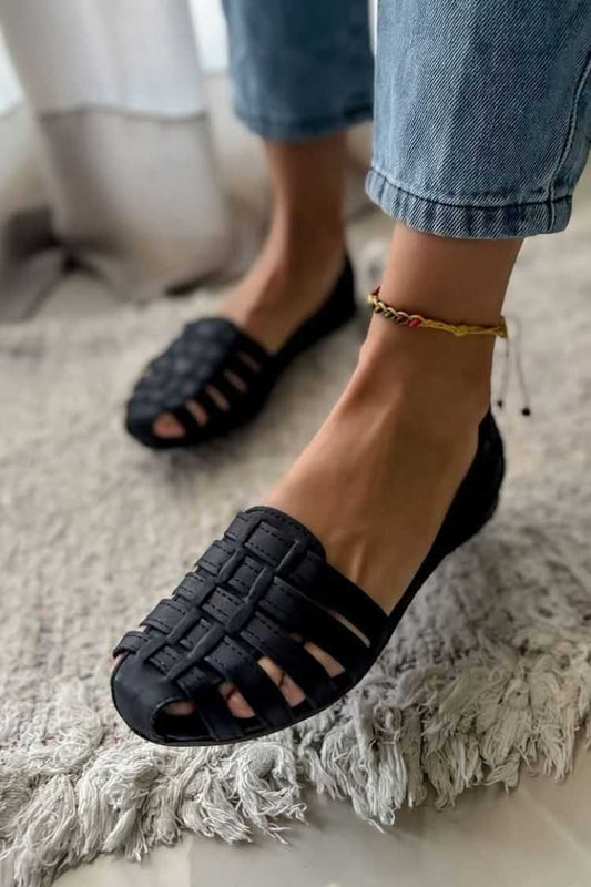 Faux Leather Woven Cutout Peep Toe Flats