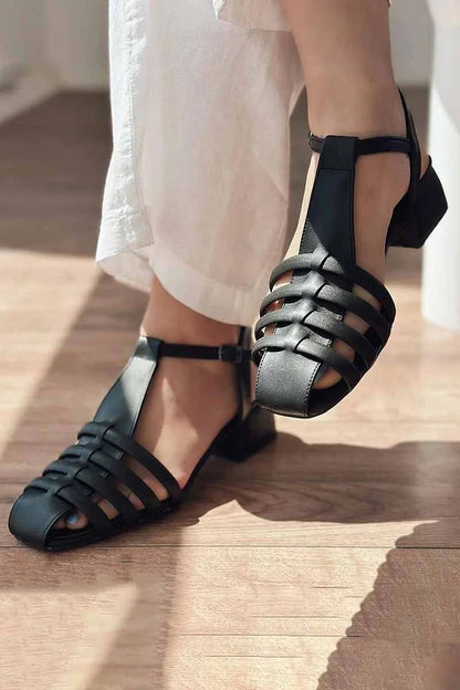 Polished Square Toe Solid Color Hollow Out Black Flats