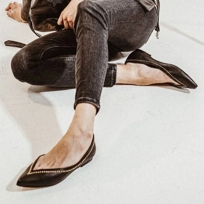 Black Versatile V-Cut Studded Pointed Toe Slip-On Flats