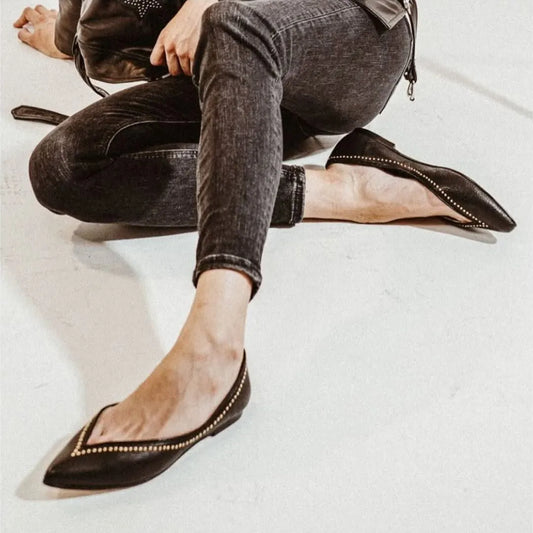 Black Versatile V-Cut Studded Pointed Toe Slip-On Flats