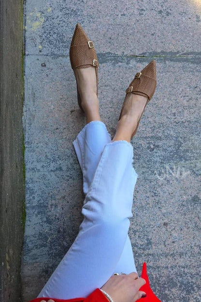 Brown Woven Pointed Toe Double Buckle Strap Flats