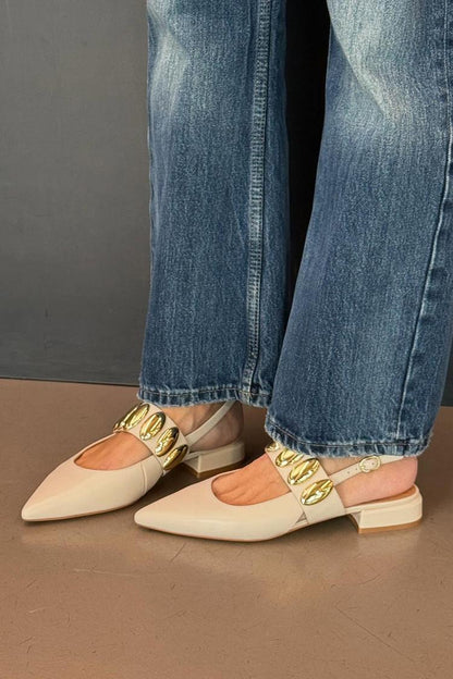 Metal Decor Pointed Toe Slingback Beige Flats