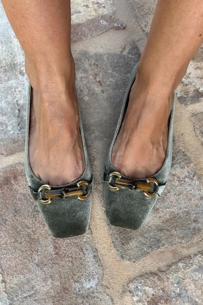 Green Square Toe Suede Metal Buckle Low-Cut Flats