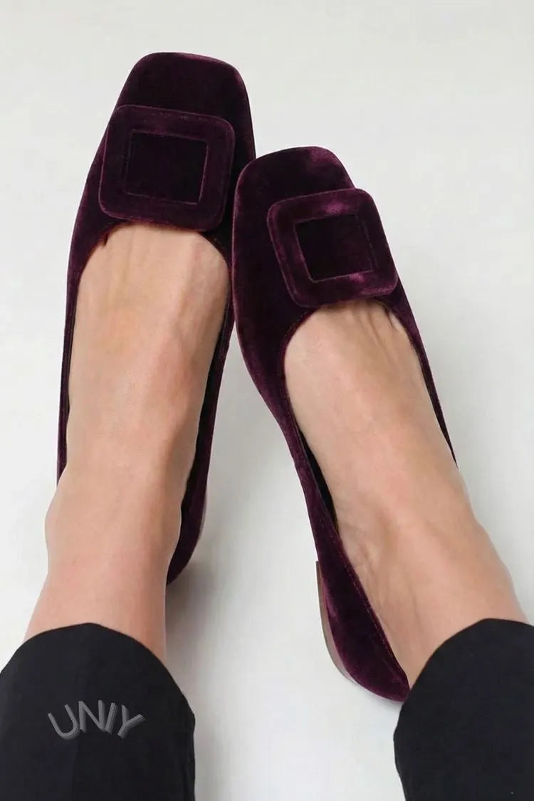 Velvet Square Buckle Soft Square Toe Flats