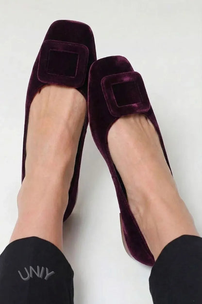 Velvet Square Buckle Soft Square Toe Flats