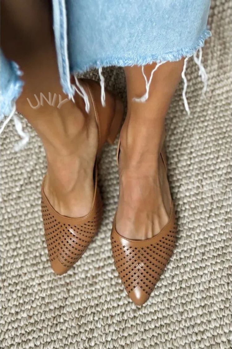 Chic Brown PU Leather Laser Cut Pointed Toe Flats