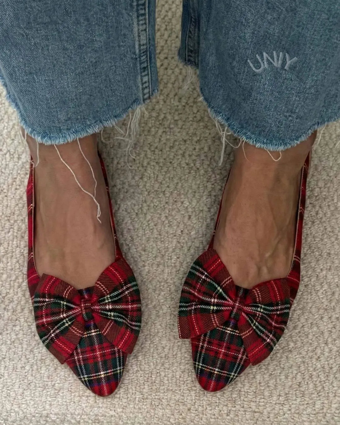 Red Pointed Toe Plaid Bow Detail Mary Jane Flats