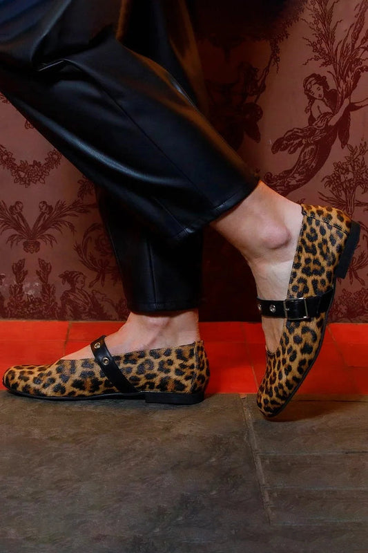 Leopard Print Colorblock Strap Buckle Brown Flats