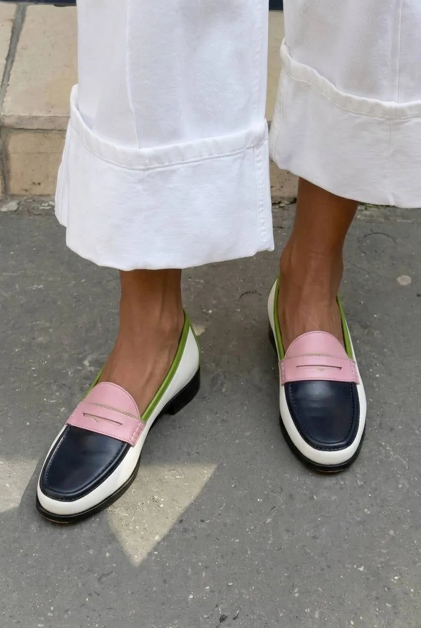 Colorblock Leather Penny Loafer Casual Flats