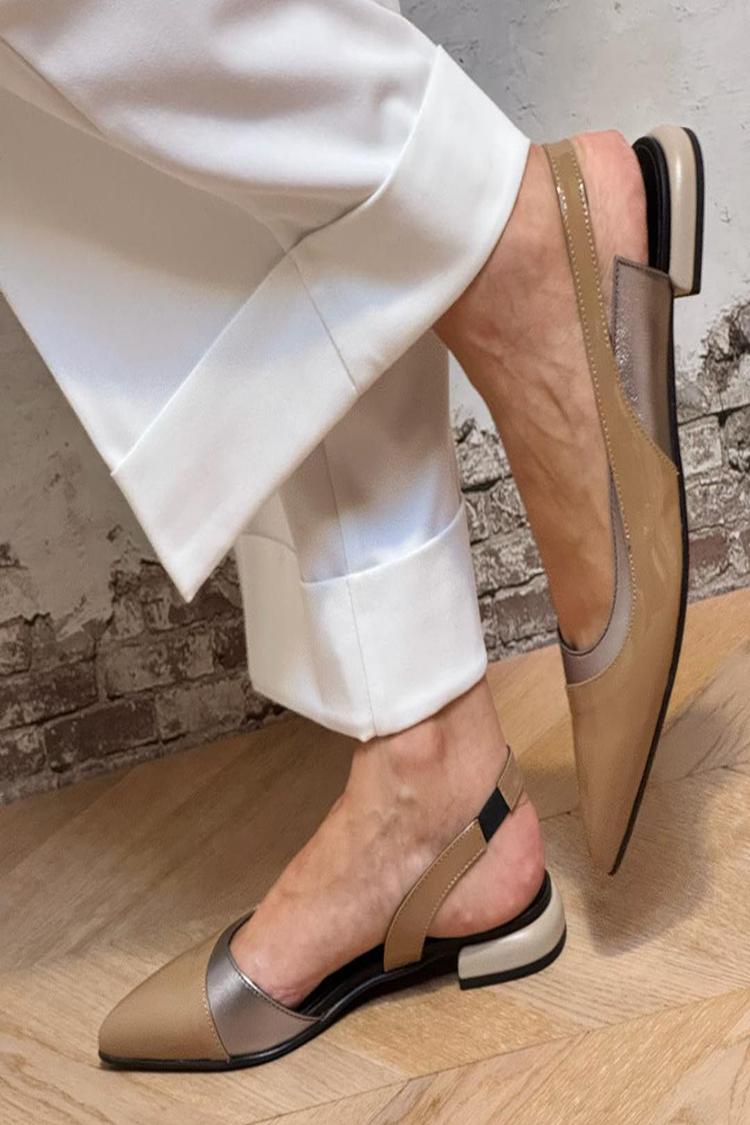 Patchwork Pointed Toe Asymmetric Strap Khaki Flats