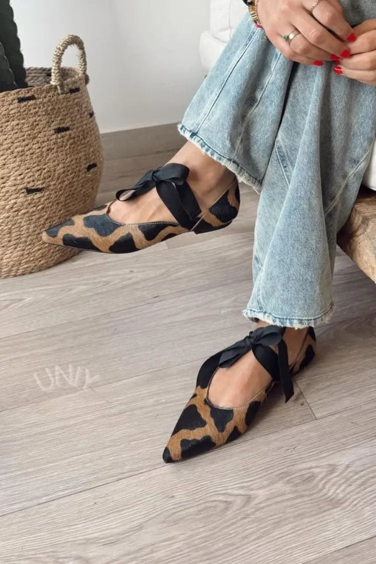 Pointed Toe Calf Hair Leopard Print Ribbon Bow Flats