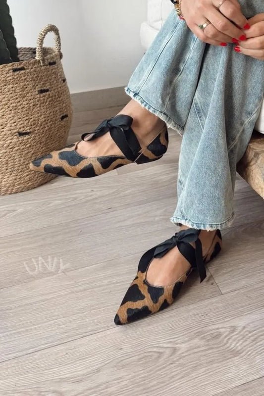 Pointed Toe Calf Hair Leopard Print Ribbon Bow Flats