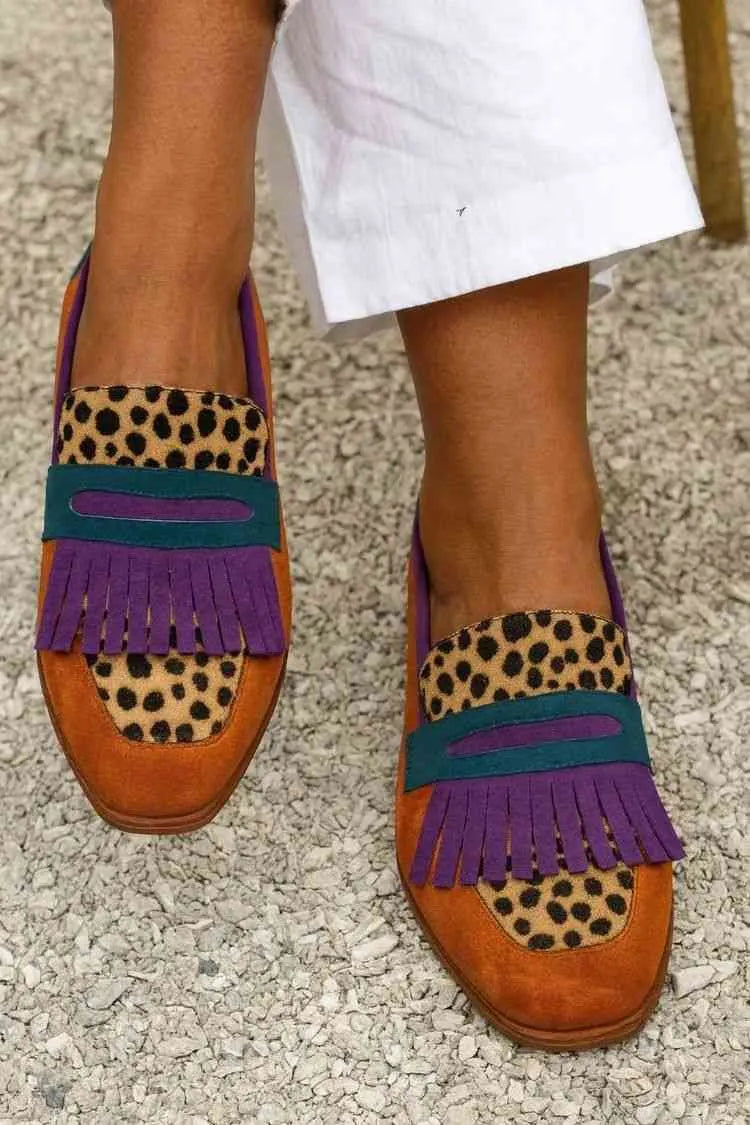 Suede Colorblock Leopard Print Fringe Penny Loafer Flats