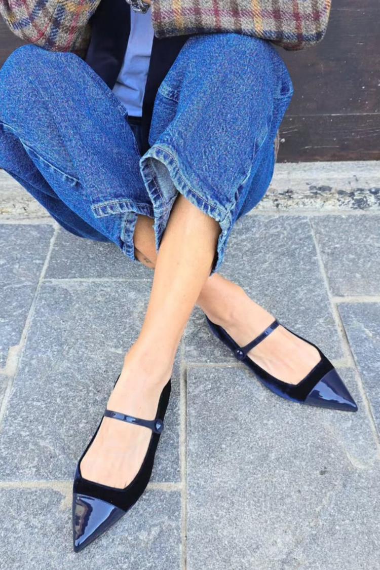 Instep Strap Velvet Patchwork Pointy Toe Navy Flats