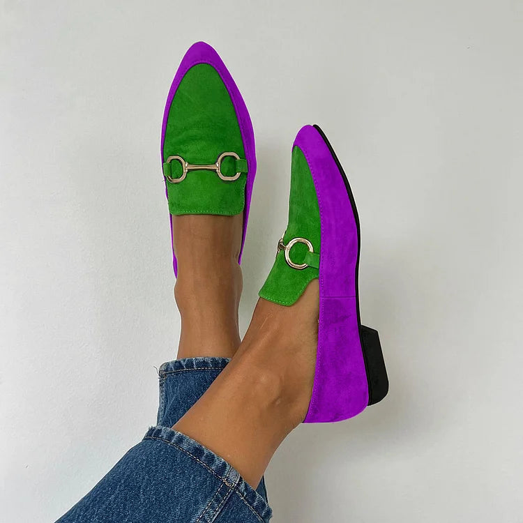 Color Block Slip-on Buckle Pointy Toe Metal Flats
