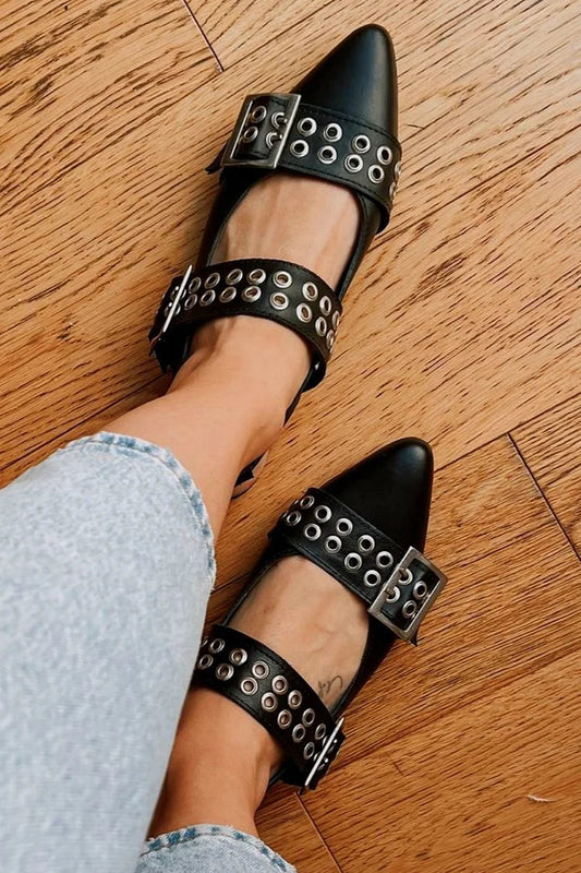 Metallic Eyelets Instep Strap Buckle Pointed Toe Black Flats