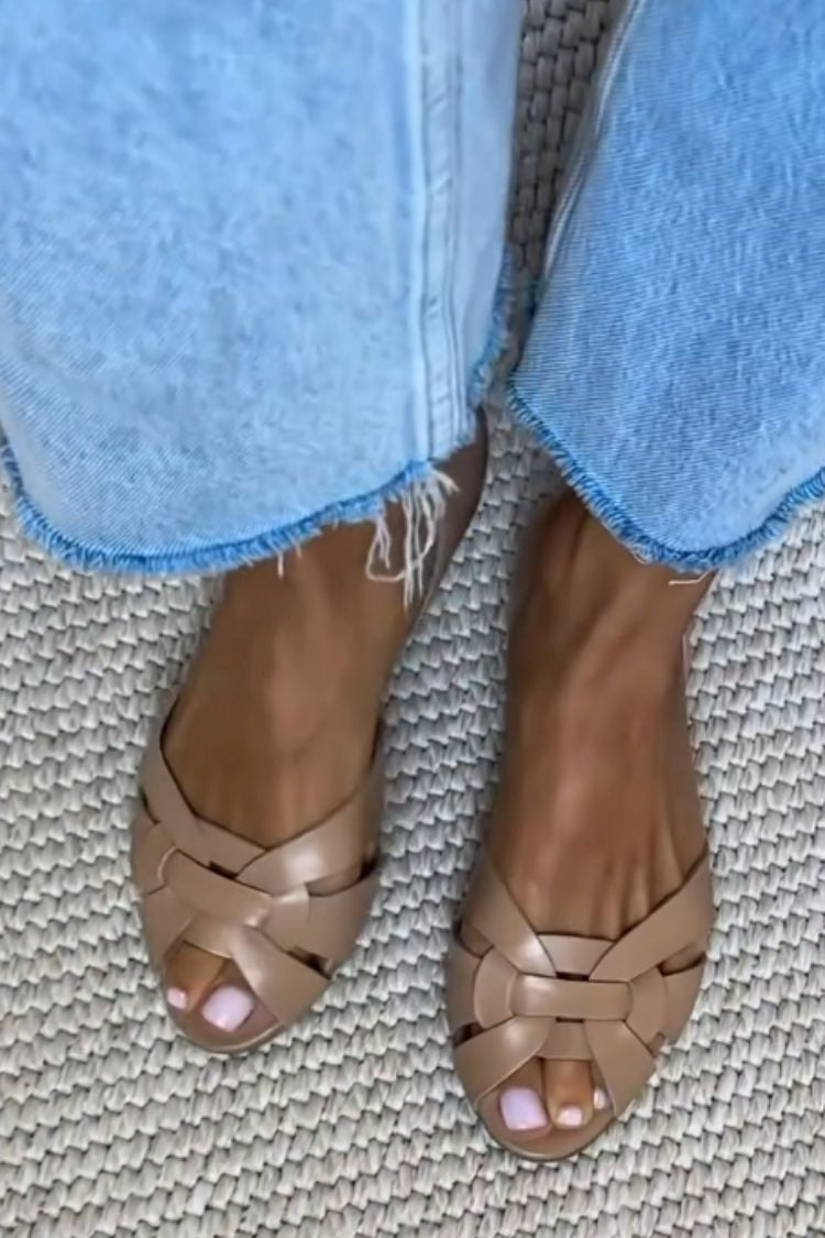 Woven Crisscross Faux Leather Closed Back Peep Toe Flats