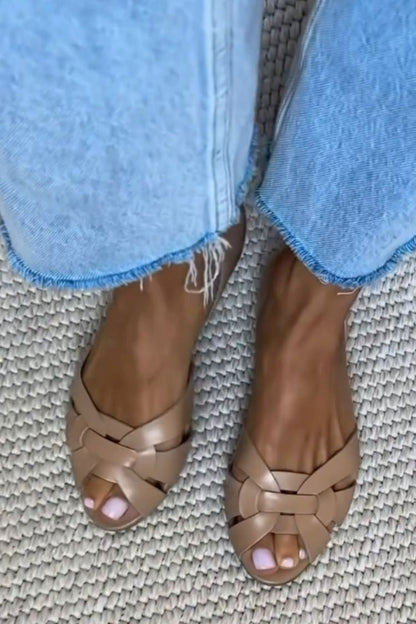 Woven Crisscross Faux Leather Closed Back Peep Toe Flats