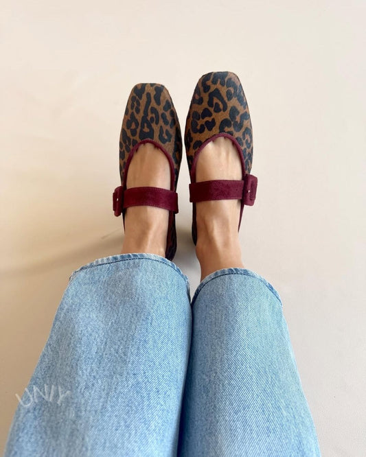 Leopard Print Mary Jane Burgundy Buckle Strap Flats