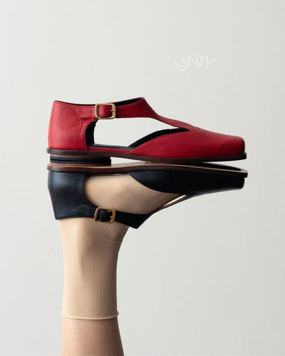 Leather Square Toe T-Strap Buckle Ankle Mary Jane Flats